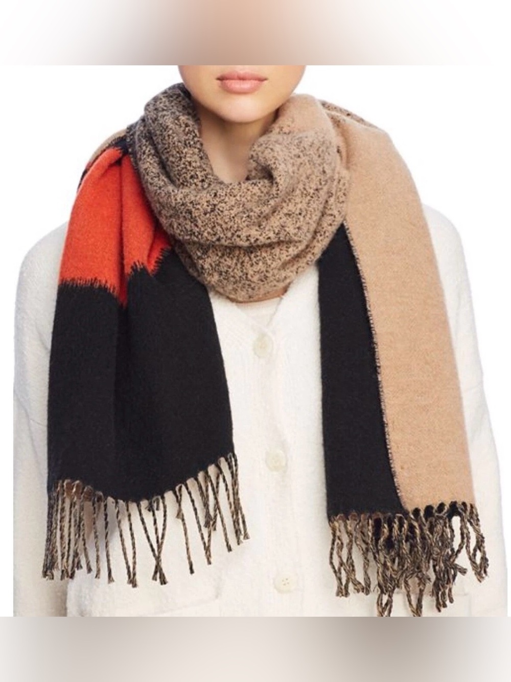 Eileen Fisher Degrade Wool Colorblock Ombré Fringe, Scarf Black Camel Red, Italy